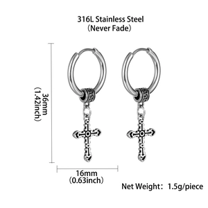 Retro 316L stainless steel cross hoop earrings for men in silver finish, 36mm height