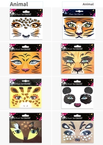 Macro detail of eight diverse animal theme face art stickers with glitter and gems