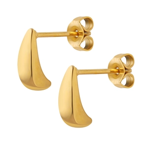 Polished gold crescent drop earrings with butterfly backing on white background