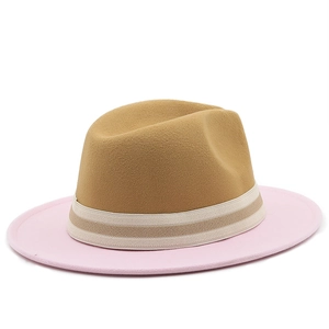 Close-up of two-tone khaki and pink wool fedora hat with elegant ribbon detail