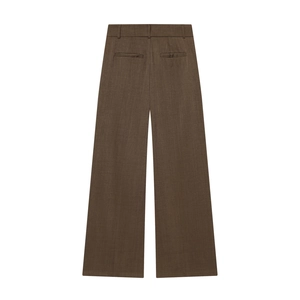 Detail view of high waist wide-leg trousers in dark brown with back pockets and belt loops
