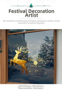 Detail of golden geometric reindeer window decal with Merry Christmas and New Year lettering