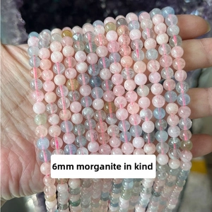 Macro detail of 6mm multi-color translucent natural Morganite gemstone round beads