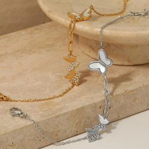 Exquisite butterfly stainless steel bracelet with zircon and shell inlay in gold and silver