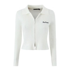 Pull polo en maille côtelée blanche avec double zip et logo Refeel sur la poitrine