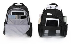 Detailed view of black business backpack showing front multi-pocket organizer and side pockets