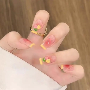 Long Coffin Press On Nails Pink Gradient Yellow French Tip 3D Tulip Floral Artificial Fingernails Sweet Style