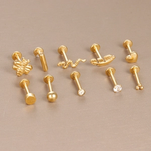 Stainless Steel Heart Bee Snake Labret Stud Earrings Gold Plated Flat Back Piercing Jewelry For Women