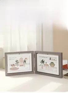 Detailed view of grey wood grain rotating picture frame for 4x6 inch photos