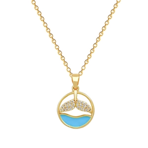 Elegant gold titanium steel necklace featuring a crystal mermaid tail and blue wave pendant