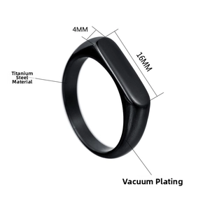 Macro detail of 4mm by 16mm rectangular black titanium steel signet ring with vacuum plating