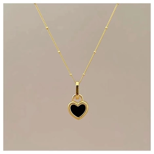 Retro stainless steel necklace with double-sided black heart pendant and beaded gold chain