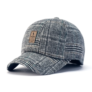 Winter plaid wool baseball cap with grey check pattern and premium leather patch