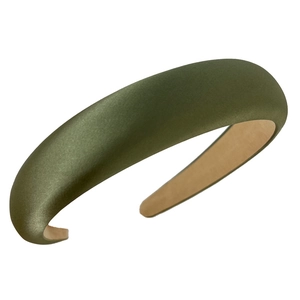 Olive green satin sponge headband with glossy fabric texture and retro wide-brim style