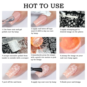 Guida passo-passo per kit timbri nail art con motivi floreali e decorazioni in pizzo