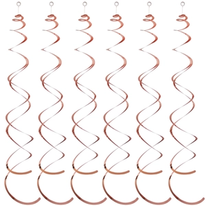 Set of six rose gold metallic spiral ceiling decorations with white hanging hooks