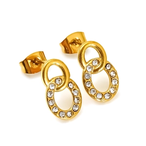 Gold titanium steel interlocking double hoop earrings with pave set zircon crystals