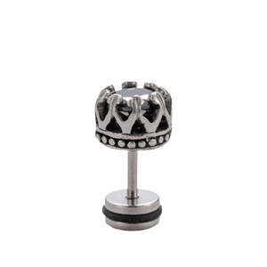 Men's crown stud earring in antique silver stainless steel with black zircon stone