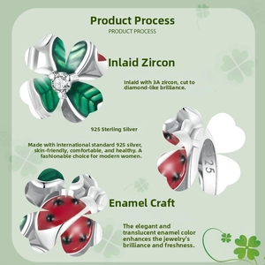 Detail of 925 sterling silver ladybug clover charm with green enamel and 3A zircon