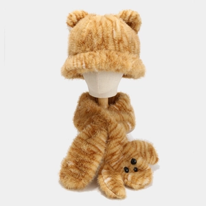 Tiger pattern plush bucket hat and scarf set with cute ears for winter warmth