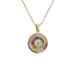 Fashionable gold evil eye necklace with colorful zircon pendant on white background
