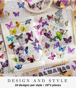 Detail of waterproof butterfly stickers for scrapbooks with 40 vintage floral pieces