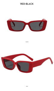 Detailed front and side view of thick red rectangular frame sunglasses with black lenses