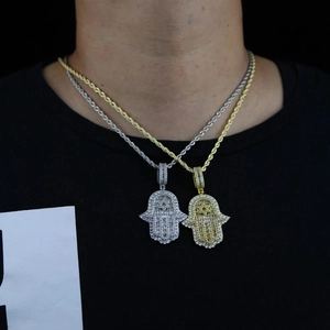 Collane mano di Hamsa stile hip hop in oro e argento con strass scintillanti