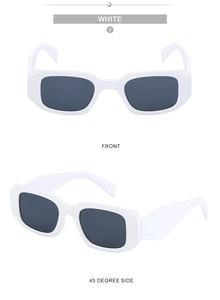 Front and 45-degree side view of white chunky square sunglasses with dark grey lenses