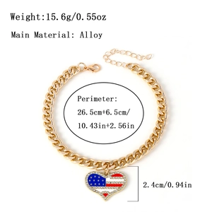 Adjustable golden pet necklace featuring a USA flag heart-shaped rhinestone pendant