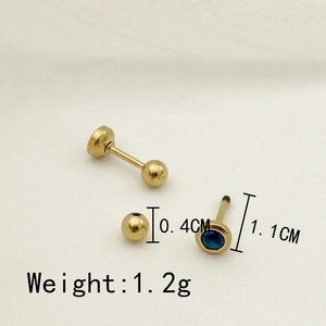 Gold titanium steel barbell stud earring with blue zircon and dimension markings