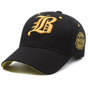 Black baseball cap with yellow B embroidery and Blue Mountain badge in 45-degree view
