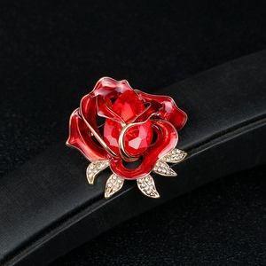 Vintage red rose crystal brooch with gold metal and sparkling rhinestones for coats