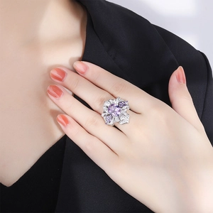 Vintage Luxury Zirconia Flower Ring High Sense Emerald Green Purple Zirconia Adjustable Open Finger Ring Jewelry For Women
