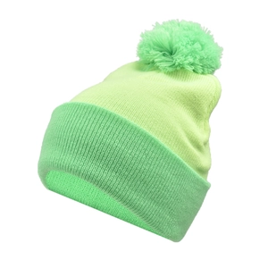 Close-up of ribbed knit texture on neon green and mint beanie with top pom-pom