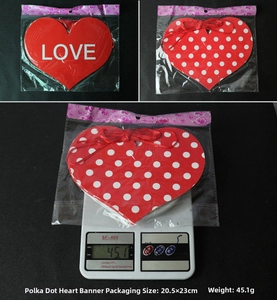 Detail of red LOVE heart bunting flag with dimensions and weight on scale