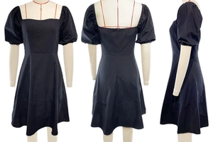 Three-view display of a black puff sleeve dress with a square neckline on a mannequin