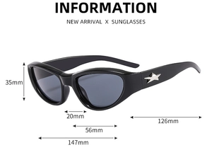 Detail of black cat eye sunglasses showing silver star metal accent on temple