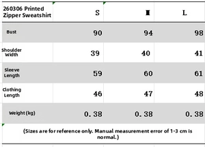 Detailed size chart for embroidery zip hoodie and flared pants set with S to L measurements