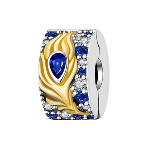 Silver feather charm with blue peacock pattern and cubic zirconia for DIY bracelets