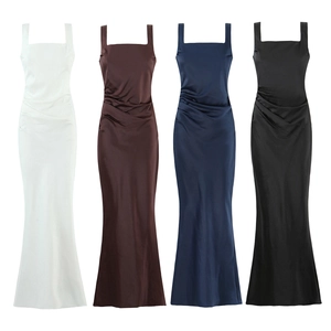 Elegant square neck satin fishtail maxi dress in four colors with waist pleats