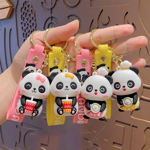 Cartoon panda keychain set with cola cup and chef hat designs on silicone hand straps