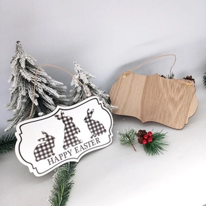 Detail of wooden Happy Easter plaques featuring plaid bunny prints and natural wood back