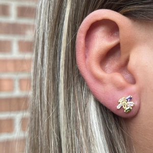 Minimalist s925 silver stud earrings with colorful geometric zircons on gold base