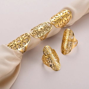 Vintage hollow gold stainless steel rings with intricate geometric mandala patterns