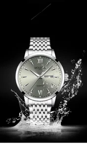Detail of silver men's watch with 30m water resistance and dynamic water splash effects