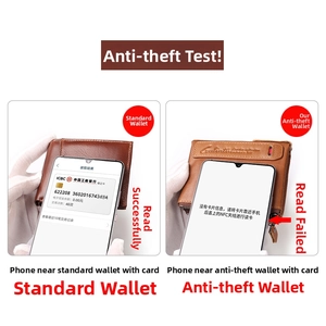 Brown leather wallet RFID blocking technology test showing secure anti-scanning protection