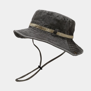 Detail of dark grey washed cotton bucket hat with adjustable wind cord and metal eyelets