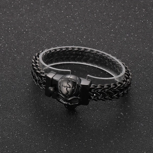 Bracelet tête de lion et mort pour homme en acier inoxydable noir poli style rock hip hop