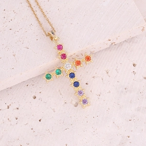 18K gold plated copper cross necklace with colorful micro-paved cubic zirconia stones